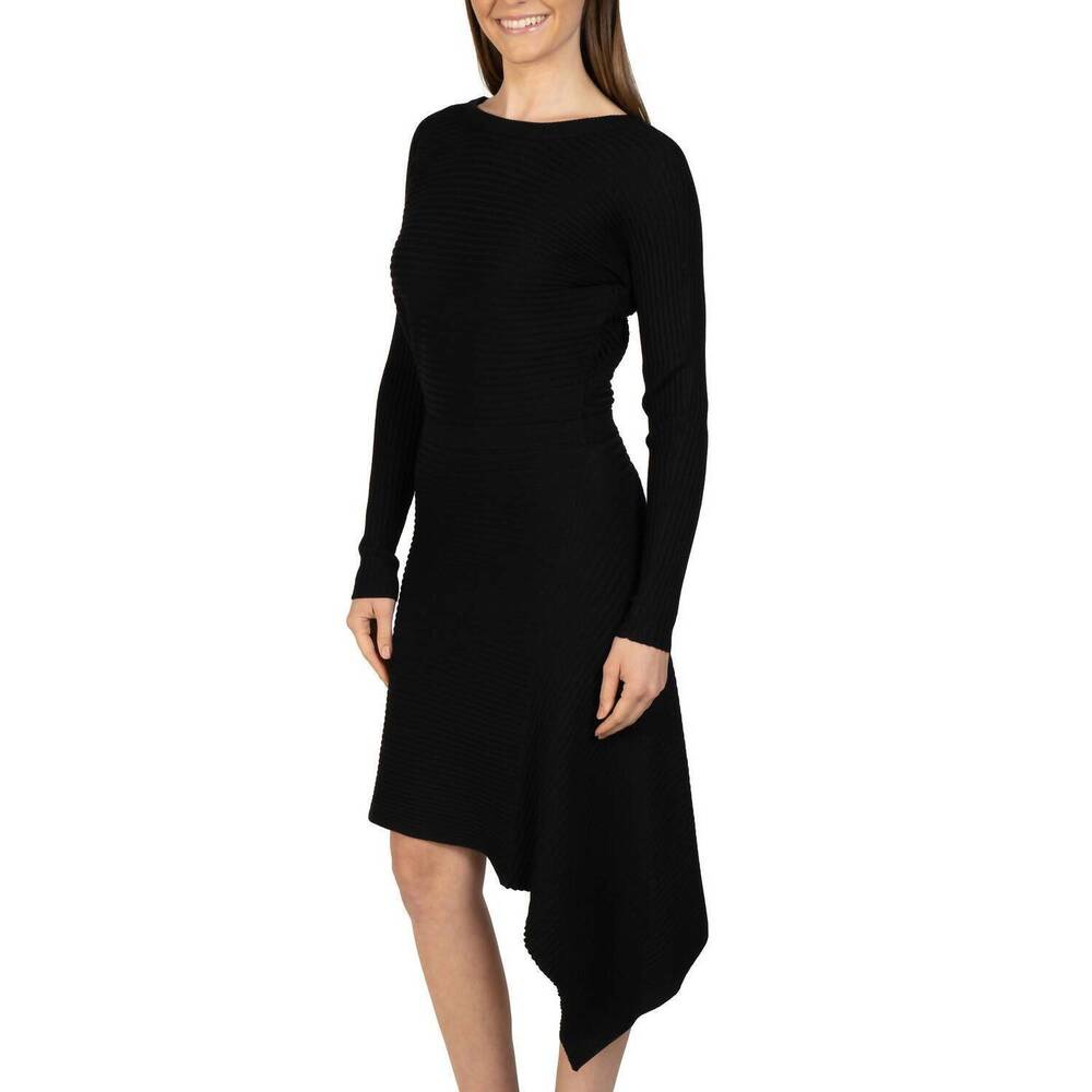 NEW LOVE TOKEN asymmetrical knit midi sweater dress in black